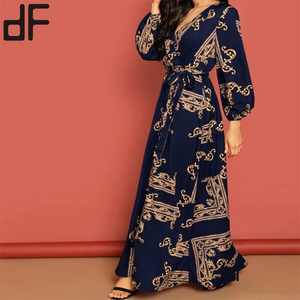 Robe maxi à imprimé <span class=keywords><strong>baroque</strong></span> bleu marine personnalisée, abaya moderne musulmane islamique marocaine pour soirée cocktail, tendance, grande taille - Product Image 2