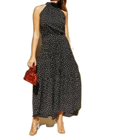 Bahar ve yaz yeni stil kadın polka dot elbise yuvarlak boyun orta bel kolsuz ruffled fırfır elbise