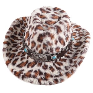 ZhenXi Leopard Print Plush Cowboy <b>Hat</b> M56-58cm Western Style With Gemstone <b>Band</b> Autumn Winter Fashion <b>Hat</b> - Product Image 5
