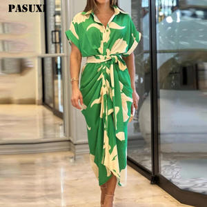 PASUXI <span class=keywords><strong>Vestido</strong></span> Largo de Verano para Mujer, a la Moda, Sexy, Nuevo, Estampado, <span class=keywords><strong>Manga</strong></span> Corta, con Cuello, Plisado, con Bandas, Elegante, Playero, de Corte Entallado - Product Image 1