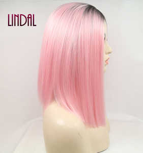 LINDAL sintetico bob diritto serico anteriore del merletto <span class=keywords><strong>parrucca</strong></span> di capelli ombre di colore di due toni di colore rosa bianco le donne bob parrucche - Product Image 5