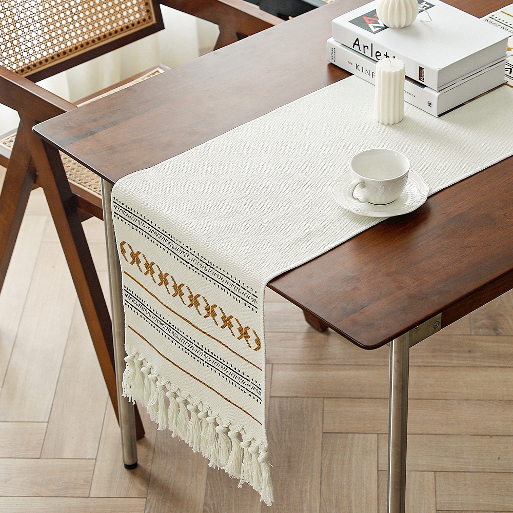 Оптовая продажа, длинная кровать для гостиницы, украшение для свадьбы, настольная дорожка в стиле бохо, плетеная, ручная работа, с геометрическим принтом, необычная, хлопковая, белая