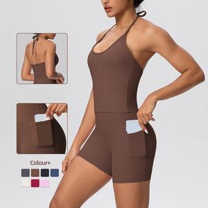 Débardeur de compression pour femme grande taille, couleur unie, col asymétrique, détail à nouer, soutien-gorge rembourré, imperméable, séchage rapide, coupe ajustée - Product Image 1