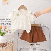 Élégant été filles décontracté solide mince dentelle à manches courtes chemise poupée col deux pièces ensemble doux nouvelle addition garde-robe pour enfants