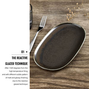 Piring Roti Oval Keramik Grosir Langsung Pabrik, Piring Makan Ikan Persegi Panjang Porselen Restoran Hitam Matte - Product Image 3