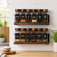 Étagère à épices murale à 2 niveaux avec 12 bocaux en verre, entonnoir et étiquettes, rangement pour épices en bois pour cuisine et garde-manger