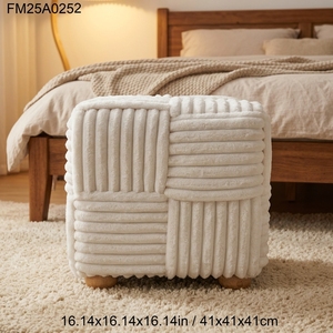 Pouf <span class=keywords><strong>carré</strong></span> rayé en peluche, repose-pieds moelleux avec pieds en bois, tissu en velours côtelé <span class=keywords><strong>blanc</strong></span> doux, repose-pieds pour salon - Product Image 3