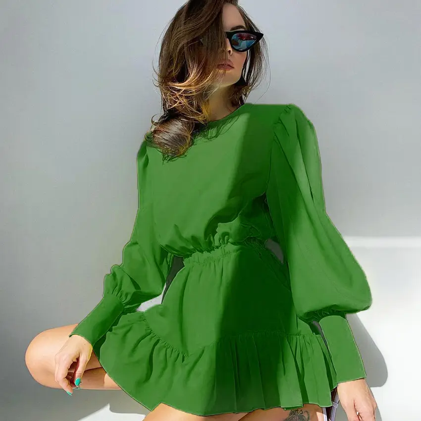 Penjualan Laris Gaun Elegan Vintage Ropas De Mujer A-line Hijau Lipit Lengan Lentera Panjang Vestidos untuk Wanita