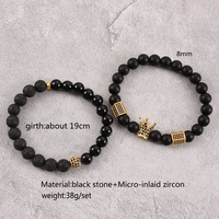 Ensemble de bijoux pour homme Hip Hop de luxe 2 pièces, bracelet en onyx noir mat et pierre de lave, bracelet avec pendentif roi en CZ noir glacé