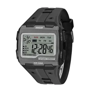 Jam tangan pria, pabrik grosir jam tangan besar tombol bercahaya jam tangan Digital multifungsi persegi tahan air plastik akrilik