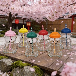 Gobelets à boisson multicolores de 20 oz, résistants à la chaleur, en verre, avec paille, motif ours mignon, pour café, jus, thé et lait - Product Image 1