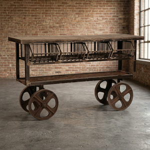 Antique Design Industrial Metal Heavy Duty Service Trolley <b>Table</b> with Basket & Wheels for Home <b>Bar</b> Use - Product Image 3
