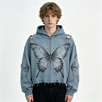 Hoodie Zip Up Heavyweight Motif Kupu-kupu Acid Wash Distressed, Sweatshirt Streetwear Warna Biru Pudar, Grafis, Pria
