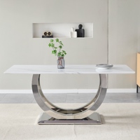 Table à manger carrée de 69,30 pouces, design moderne et simple, motif marbre, MDF, acier inoxydable, plateau miroir, durable, argent, meubles pour la maison