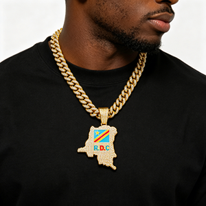 Collane con Pendente Bandiera DRC Iced Out, in Lega Placcata Oro con Cristalli, Catena Cubana, Gioielli Hip Hop Bling, Repubblica Democratica del Congo con Scritta 'R.D.<span class=keywords><strong>C</strong></span>' - Product Image 1