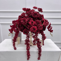 DKB Centre de table moderne pour mariage, décoration florale, 30 cm, roses blanches en soie et feuilles vertes, centre de table artificiel en fleurs