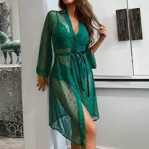 Nuevo Diseño de Vestido de Encaje, Bata Larga Transparente con Cinturón, Conjunto de Lencería Bordada con Encaje y Bata, Venta al Por Mayor - Product Image 4