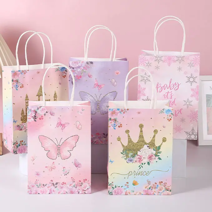 Sweet Pink Flower Paper Gift Bags Wholesale Baby Girl Wedding Party Food Candy Packaging Paper Bags With Handle