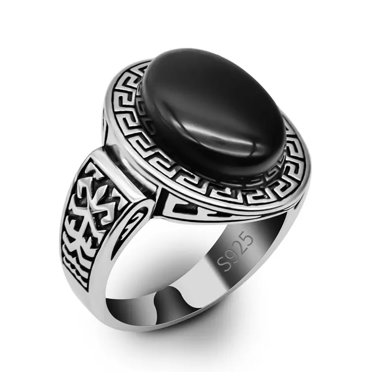 Bague pour homme en argent sterling 925 avec pierre d'onyx noir ovale bijoux cadeau main en argent agate de mariage bague faite à la main
