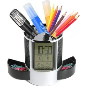 BSCI diaudit pabrik pemegang pena logam dengan kalender jam Alarm pengatur meja kantor pasokan pena pemegang pensil kotak penyimpanan