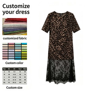 Abito T-shirt da donna con stampa leopardata, girocollo, maniche corte, tunica ampia con orlo in pizzo trasparente, casual estivo streetwear - Product Image 4