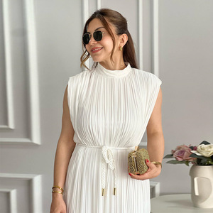 Bán Buôn <span class=keywords><strong>Chic</strong></span> Vestidos 2025 Cao Cổ Ăn Mặc Không Tay Ren up Pleated Vestidos Largos Mùa Hè Ăn Mặc Thanh Lịch Của Phụ Nữ Bên Ăn Mặc - Product Image 4