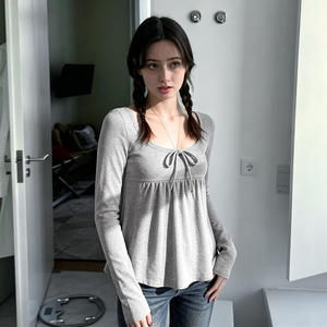 Womens <b>Fall</b> Sweet Solid Color Bow Tie Long Sleeve Breathable Knitted Short Casual Fashion <b>T</b>-<b>Shirt</b> - Product Image 5