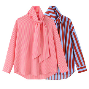 ZEVITY Nova Blusa Feminina Casual de Verão Vintage com Gola Alta Assimétrica e Listras, Design Elegante com Laço, Blusa Social - Product Image 1