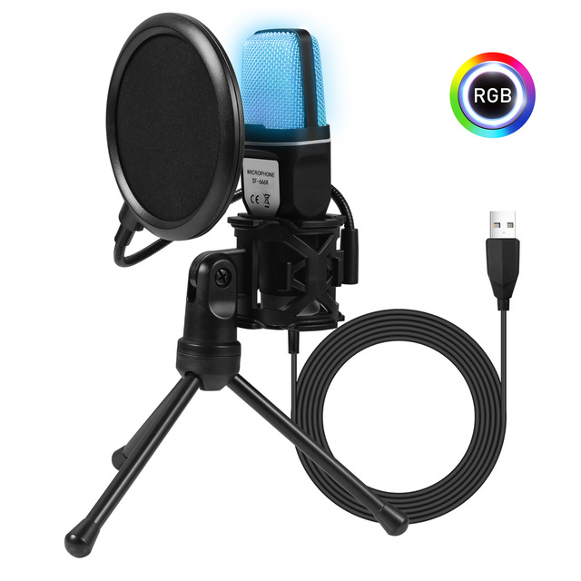 USB RGB Microphone Condenser Noise Reduction Wire Game Mic for Podcast Recording Studio Streaming Laptop Desktop PC