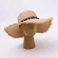 Chapeau de soleil pour femme en paille de raphia tressée à la main, à large bord et calotte ronde, avec bord brut et pompon, style coréen, pour l'été, la plage et les voyages, chapeau jazz