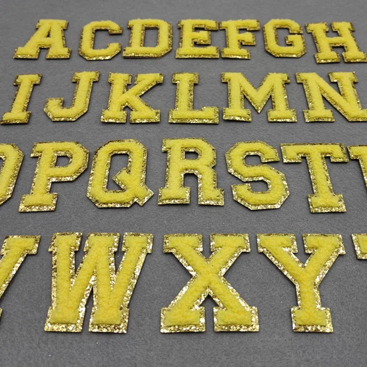 6Cm Rts Gold Glitter Pailletten Geel Chenille Letters Patches Laser-Cut Grens Ijzer Op Chenille Patches