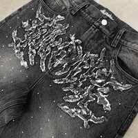 Jeans en denim délavé mi-acide personnalisés pour hommes, style vintage, déchirés, streetwear, hip-hop, broderie, strass, style rétro