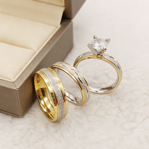 Ensemble de bagues de mariage assorties pour lui et pour elle, 3 pièces, bagues de couple bicolores, finition givrée, bague de promesse <span class=keywords><strong>solitaire</strong></span> pour femme - Product Image 2