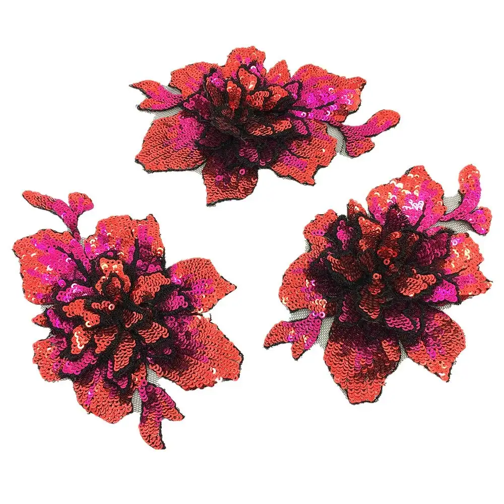 Fashion design 3D sew on rose red sequin applique flower embroidery lace patch