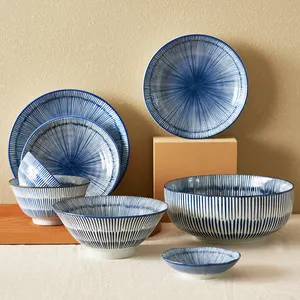 Japanse Retro Keramische Servies Gift Set Streep Patroon Cyaan Bowls & Platen Voor Huishoudelijke Restaurant 3121