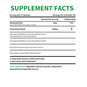 Complément de santé : Capsules d'Ashwagandha pour un sommeil réparateur, soutien au bien-être général, avec Zinc et Basilic sacré – Supplément à base de plantes - Product Image 2