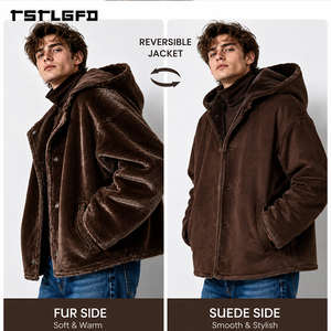 Cut And Sew Reversible Faux Fur <b>Suede</b> <b>Jacket</b> Brown Hooded Winter Oversized Double Sided Streetwear Coat Wholesale Bulk - Product Image 5