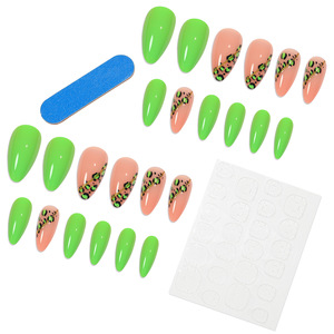 <span class=keywords><strong>Uñas</strong></span> Postizas de Verano con Diseño de Leopardo <span class=keywords><strong>Verde</strong></span> Neón, Base Nude y Decoración de Cadena Dorada, Suministro de Fábrica, Venta al Por Mayor - Product Image 3
