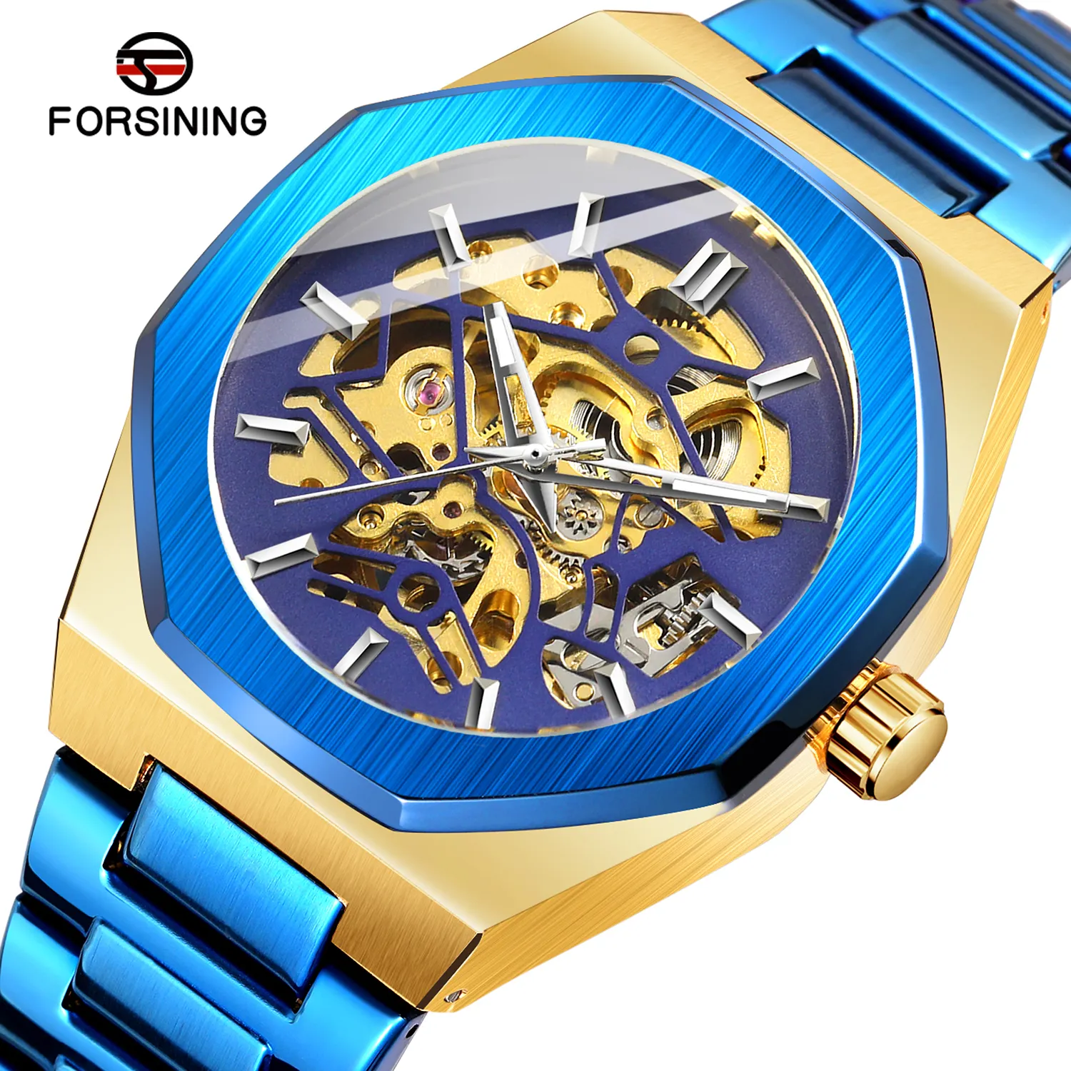 FORSINING 8198 Sports Mechanical Vintage Skeleton Dial Luxury Analog Automatic Stainless Steel Men Wrist Watch