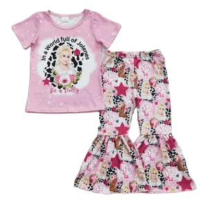 Girls suit dolly letter cow print pink short-sleeved trousers girls flared pants suit