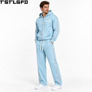 Conjunto de Sudadera con Capucha y Cremallera OEM/ODM para Hombre, Azul Bebé Iridiscente con Pedrería, Chándal Oversize de Invierno al por Mayor - Product Image 1