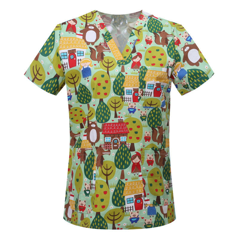 Women Printed Scrubs Top Nursing Uniforms Christmas Theme