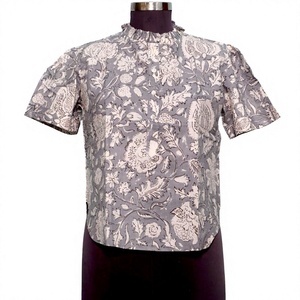 Blusa de Manga Corta con Estampado Floral y Cuello con Volantes, Corte Regular, Transpirable, de Poliéster Tejido, para Uso Diario Informal, para Todas las Temporadas - Product Image 1