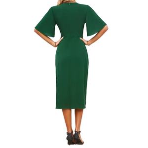 Vestidos Midi de Mujer al por Mayor, Personalizados, OEM, de Alta Calidad, con Cuello en V, Color Sólido, Cintura Ajustada, Mangas con Volantes, Diseño Elegante - Product Image 5