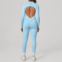 Combinaison de sport moulante pour femme, dos nu, à manches longues, avec demi-fermeture éclair et coutures 3D, pour fitness et yoga 25633