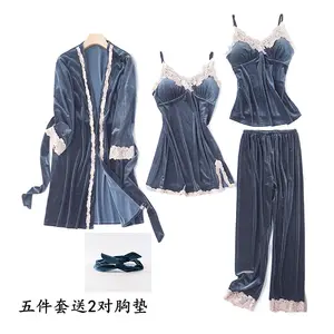 높은 품질 5 조각 한국어 골드 벨벳 잠옷 세트 여성 잠옷 가운 세트 가을 겨울