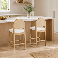 Tabouret de bar en rotin et bois, hauteur comptoir, avec dossier tressé et rembourré, pour îlot de cuisine - Vente en gros