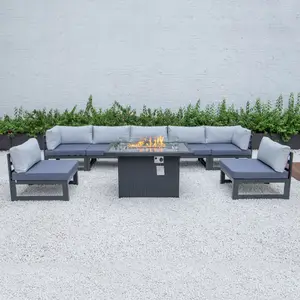 Patio Tuin Aluminium Bankstel Meubelen Outdoor Moderne Rotan Sofa Rieten Sofa Sets Met Vuurkorf Tafel