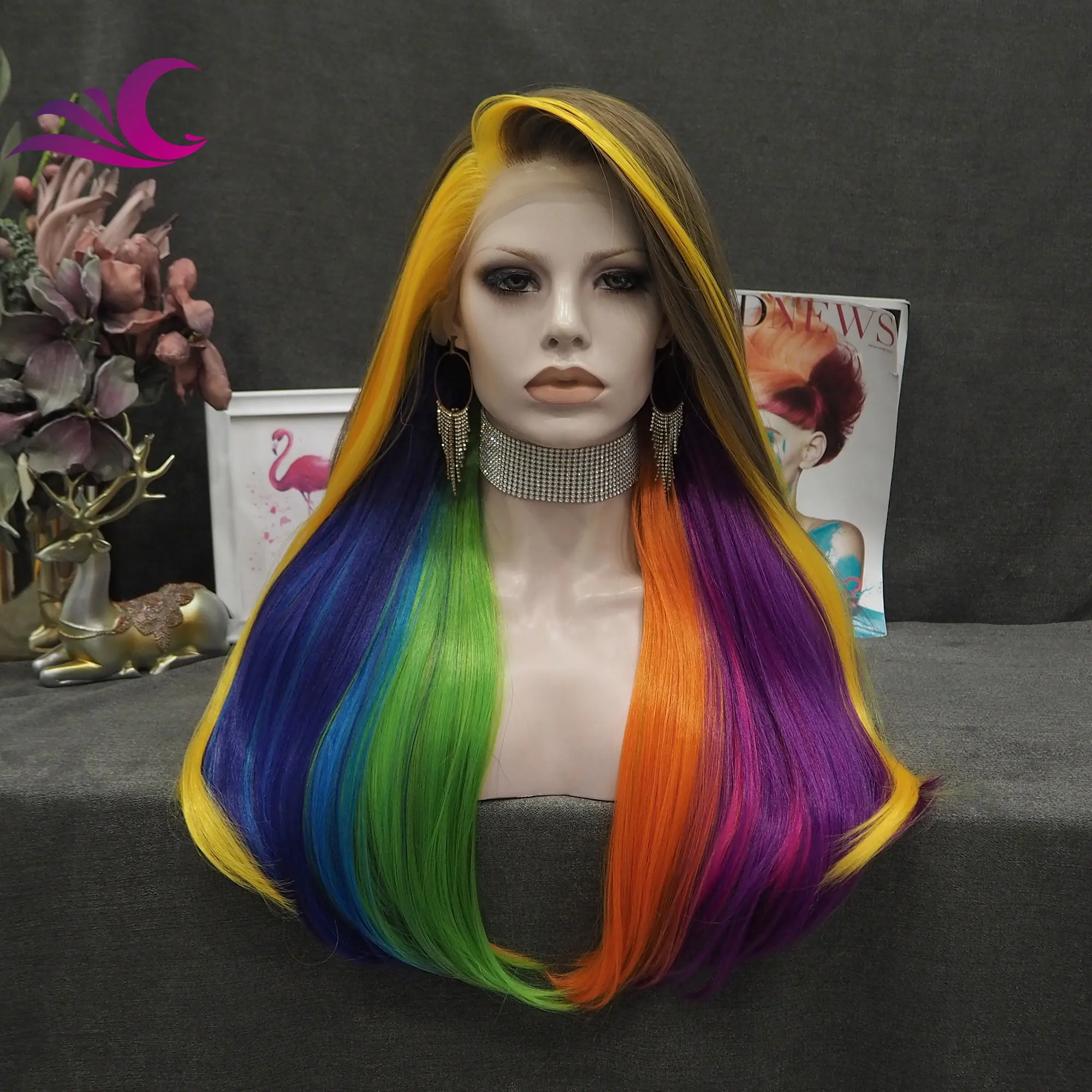 Celebrity Ombre Brown Rainbow Multicolor Colorful Wig Silky Straight Heat Resistant Fiber Synthetic Lace Front Wig for Cosplay