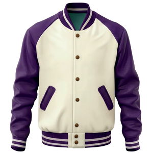 Chaqueta Varsity de PU Morada y Crema para Hombre con Botones de Cuerno, Estilo Preppy, Corte Regular, para Otoño - Product Image 1